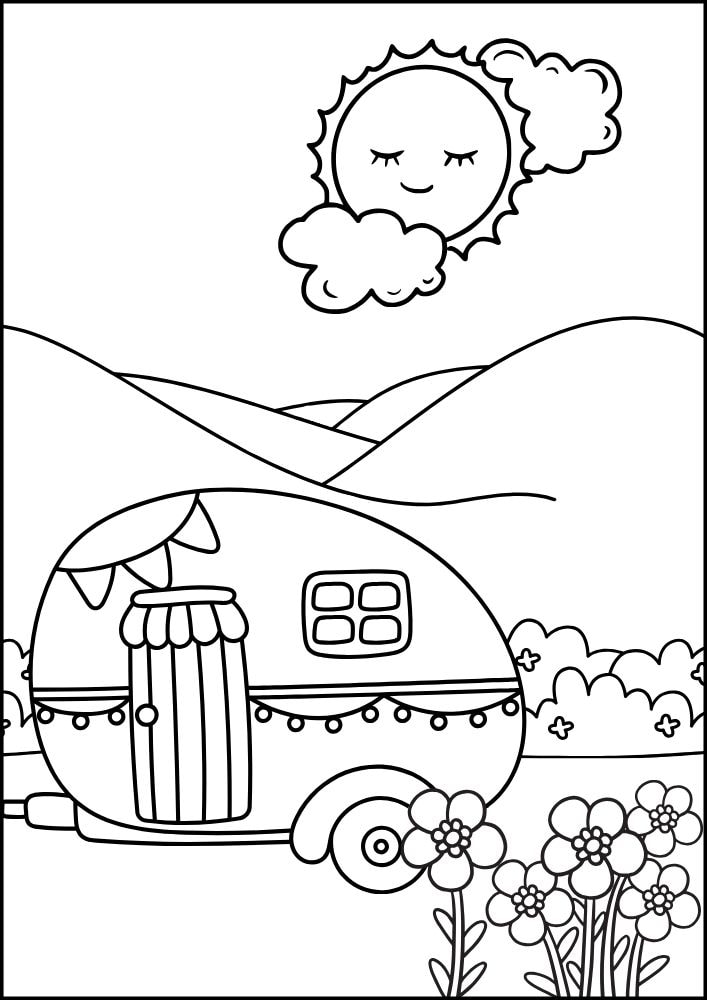 Free printable roadtrip road trip coloring pages for kids printables coloring sheets pdf download colouring book family vacation cute camper sun hills park flowers rv 16