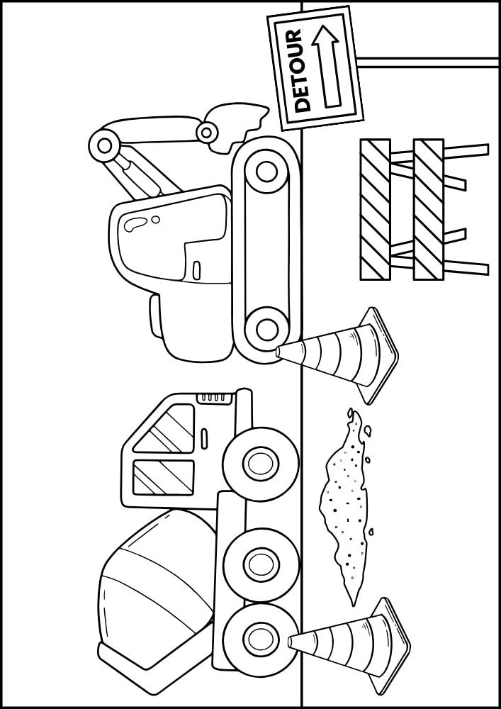 Free printable roadtrip road trip coloring pages for kids printables coloring sheets pdf download colouring book family vacation detour construction cement truck hole excavator traffic cone 12