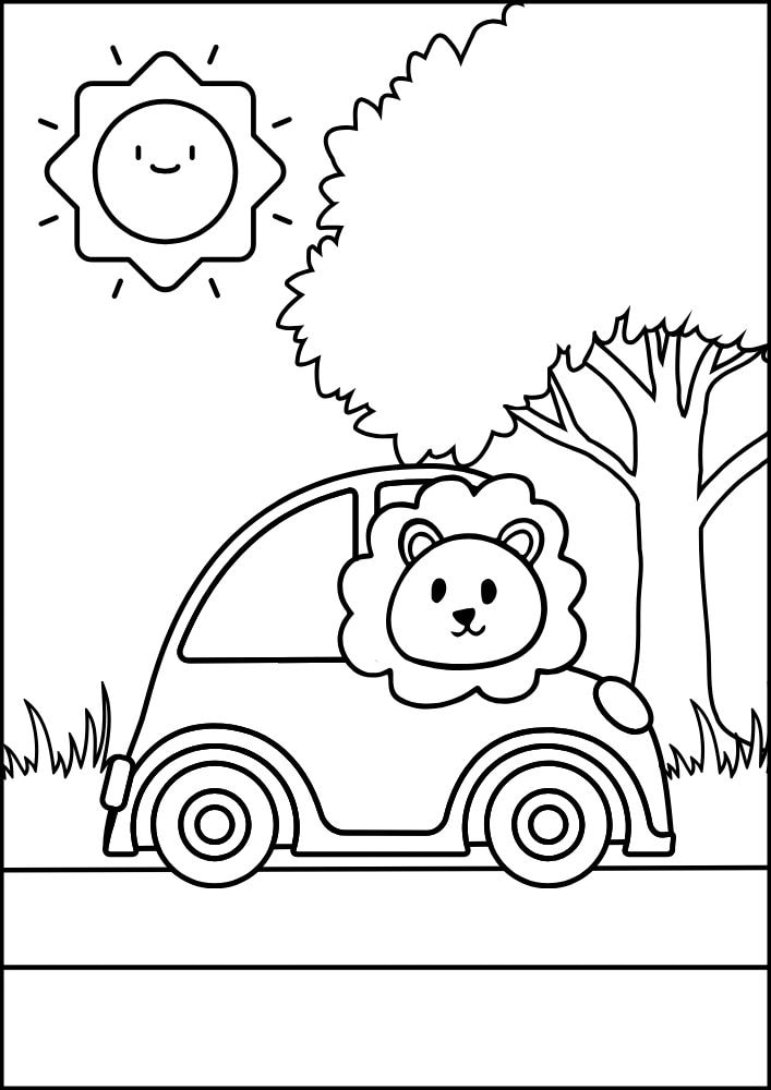 Free printable roadtrip road trip coloring pages for kids printables coloring sheets pdf download colouring book family vacation safari lion driving cute car tree sun 14