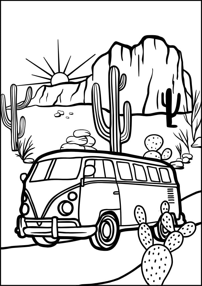 Free printable roadtrip road trip coloring pages for kids printables coloring sheets pdf download colouring book family vacation sprinter van camper rv desert cactus nevada sunset utah 7