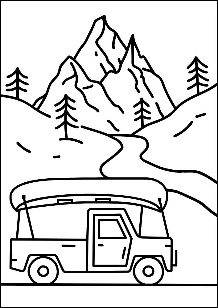 Free printable roadtrip road trip coloring pages for kids printables coloring sheets pdf download colouring book family vacation truck kayak mountain river trees 3