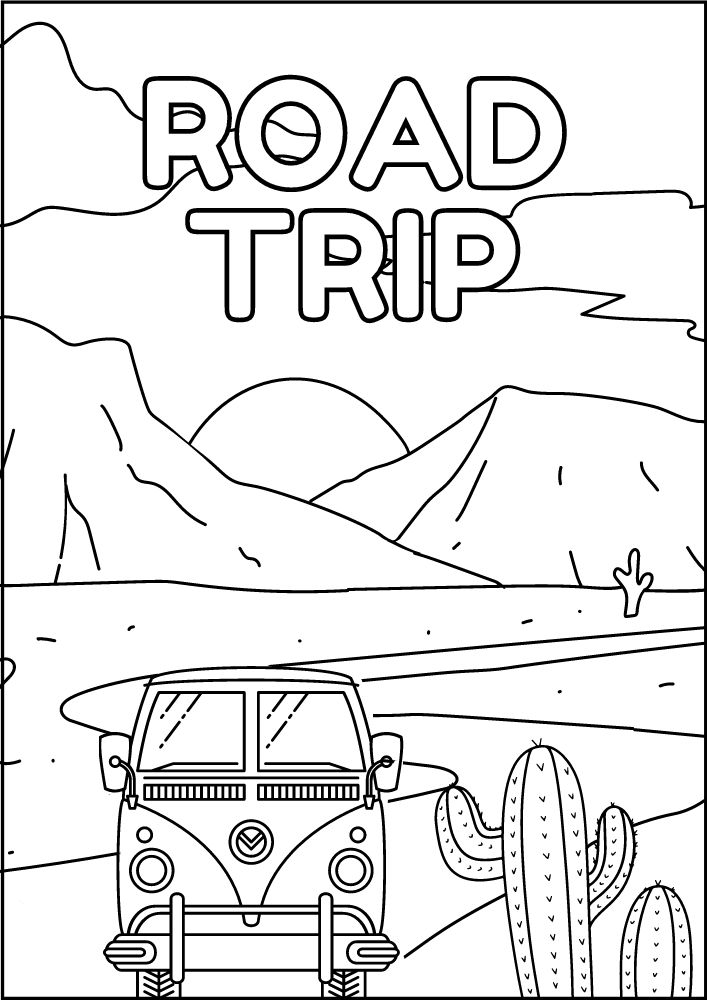 Free printable roadtrip road trip coloring pages for kids printables coloring sheets pdf download colouring book family vacation vw sprinter van canyon desert road drive driving mountains arizona