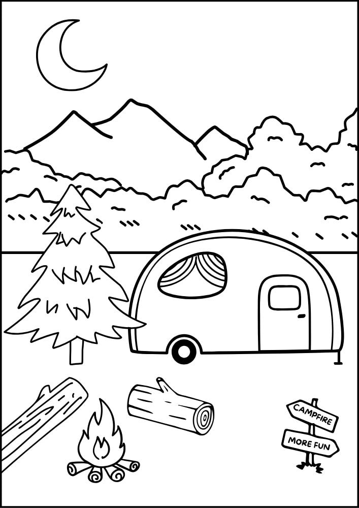 Free printable roadtrip road trip coloring pages for kids printables coloring sheets pdf download colouring book vacation camper rv woods forest nature mountain campsite campfire pine