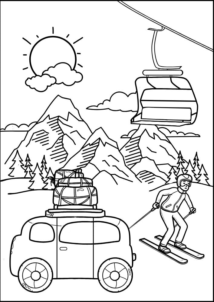 Free printable roadtrip road trip coloring pages for kids printables coloring sheets pdf download colouring book vacation colorado utah mountain skiing ski lift van camper luggage winter snow