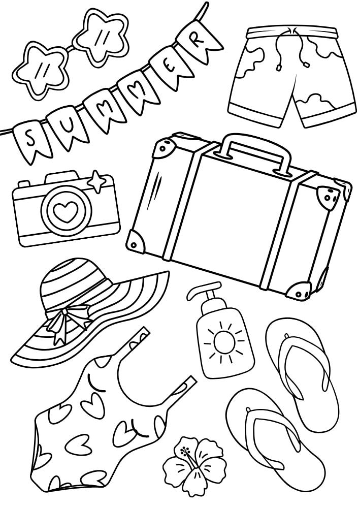 Free printable summer coloring pages for kids printables coloring sheets download colouring book bathingsuit swimsuit suitcase floppy hat flipflops sunscreen sun lotion camera star sunglasses 15