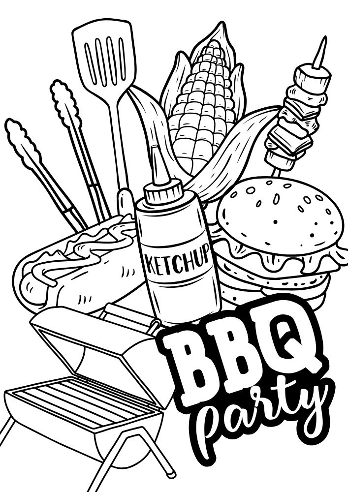 Free printable summer coloring pages for kids printables coloring sheets pdf download colouring book June July August warm weather bbq 4th of hotdog hamburger grill corn kebab skewer party 2