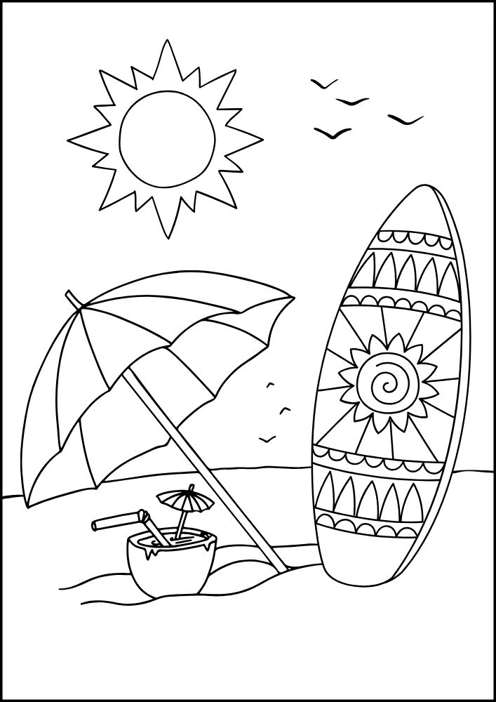 Free printable summer coloring pages for kids printables coloring sheets pdf download colouring book June July August warm weather beach vacation tropical umbrella coconut drink surfboard sun 13