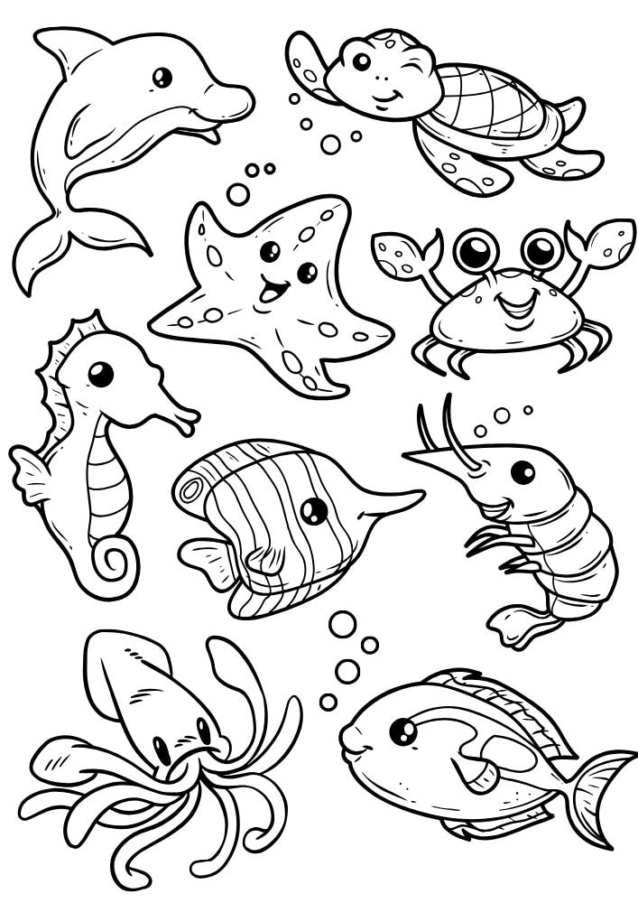 Free printable summer coloring pages for kids printables coloring sheets pdf download colouring book June July August warm weather dolphin seaturtle starfish crab seahorse ocean animals fish