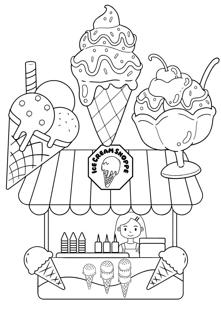 Free printable summer coloring pages for kids printables coloring sheets pdf download colouring book June July August warm weather ice cream icecream shoppe parlour sunday cone 12