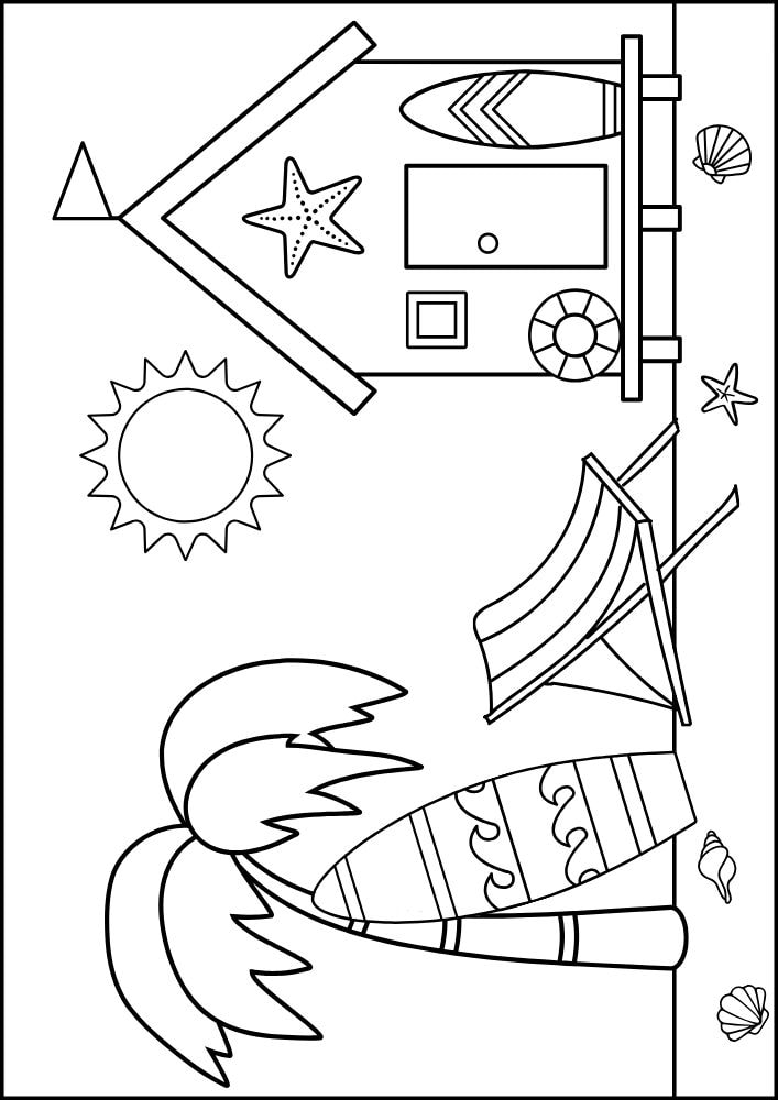 Free printable summer coloring pages for kids printables coloring sheets pdf download colouring book June July August warm weather lifeguard surfboard beach chair sun seashells sand vacation 4