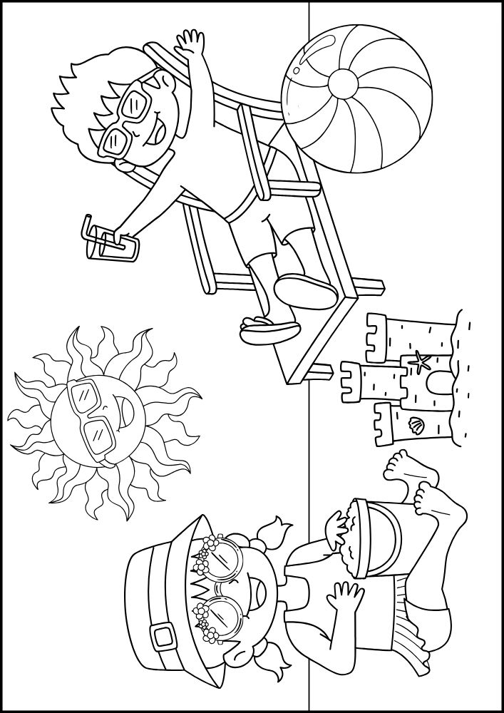 Free printable summer coloring pages for kids printables coloring sheets pdf download colouring book June July August warm weather sunbathing boy girl sun beach sand castle