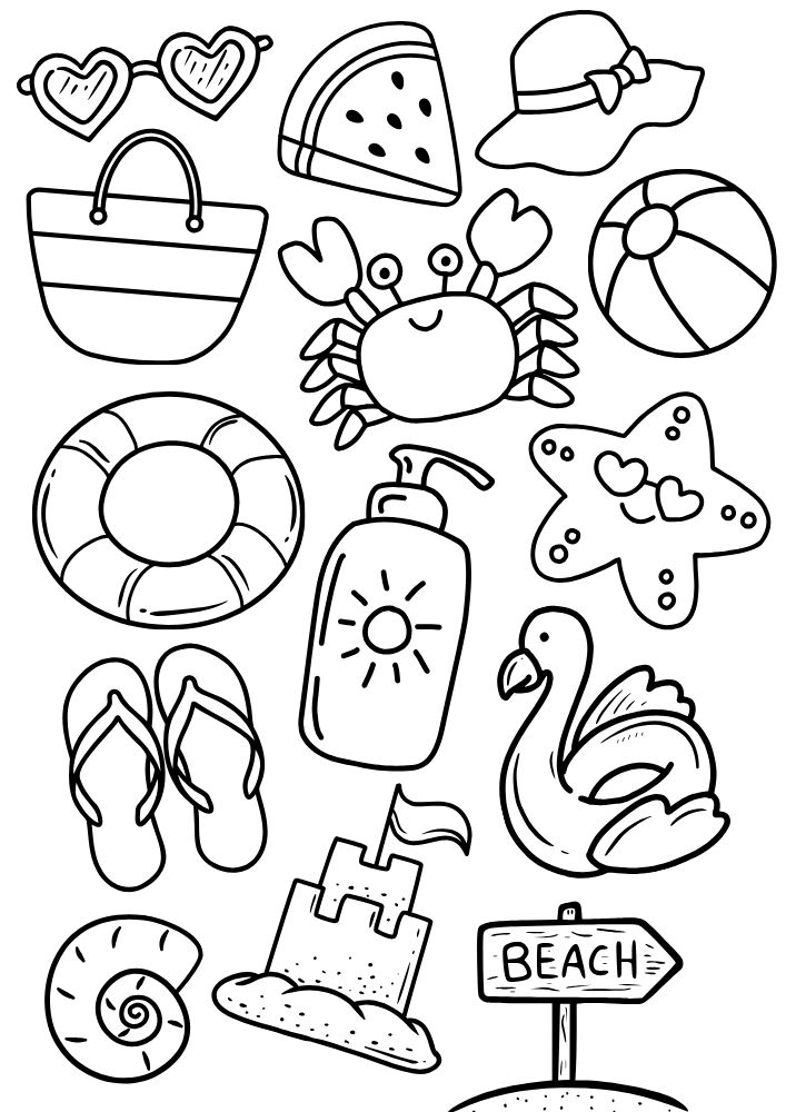 Free printable summer coloring pages for kids printables coloring sheets pdf download colouring book sunglasses tote crab beach ball tube sunscreen starfish flamingo floaty sandcastle seashell