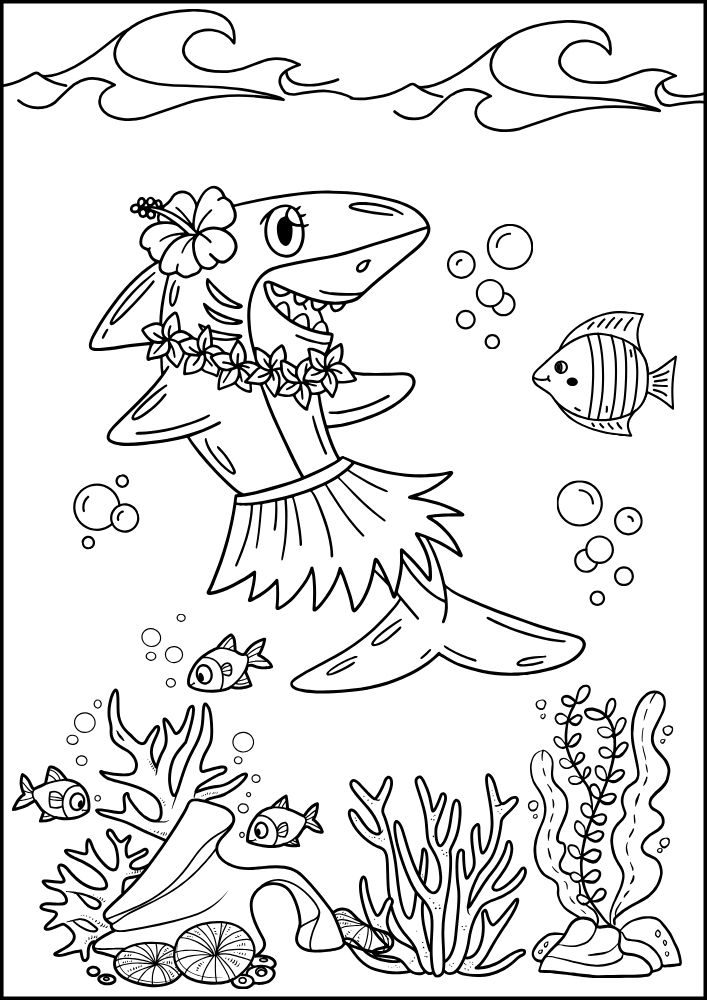 Free printable summer coloring pages for kids printables coloring sheets pdf download colouring book warm weather shark hula dancer ocean scuba diving snorkling under the seas fish coral