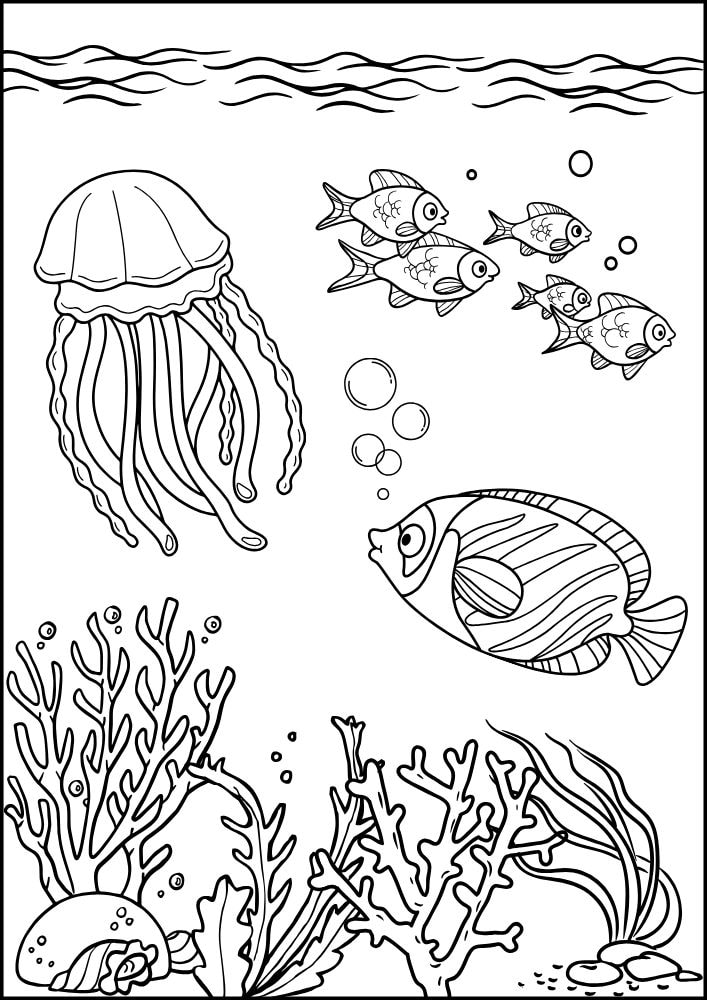 Free printable summer coloring pages for kids printables coloring sheets pdf download colouring book warm weather under the sea ocean jellyfish fish coral snorkle snorkling scuba diving 5