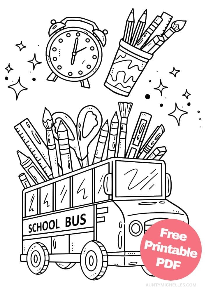 Coloring Page for Kids Education Studying school bus supplies alarm clock