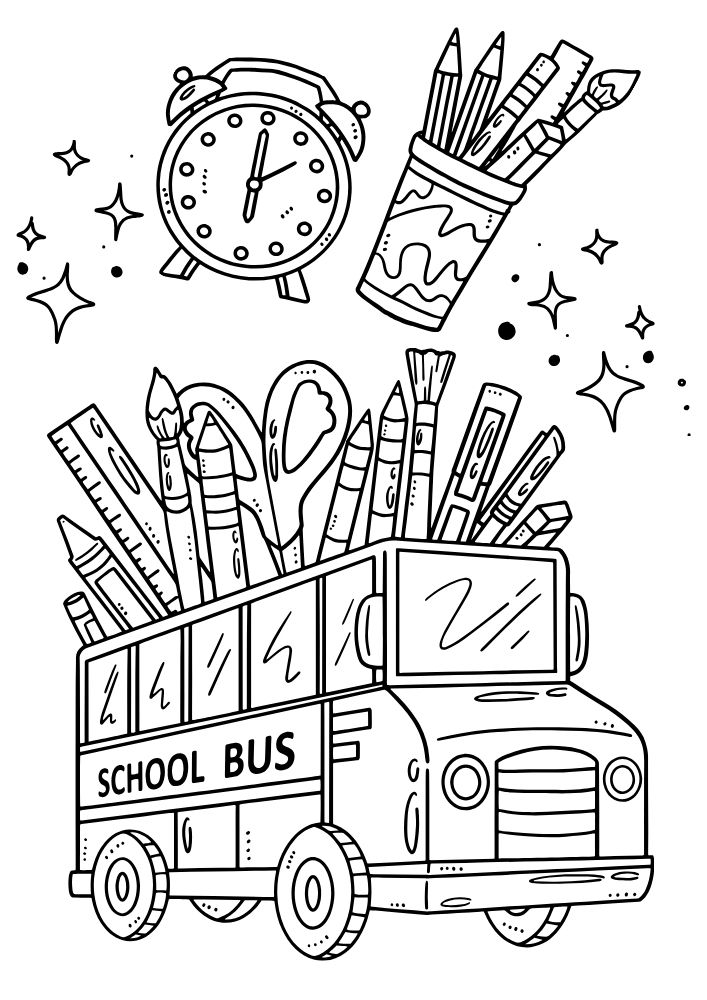 Free Printable Back to School Coloring Pages for Kids Education Studying bus supplies alarm clock