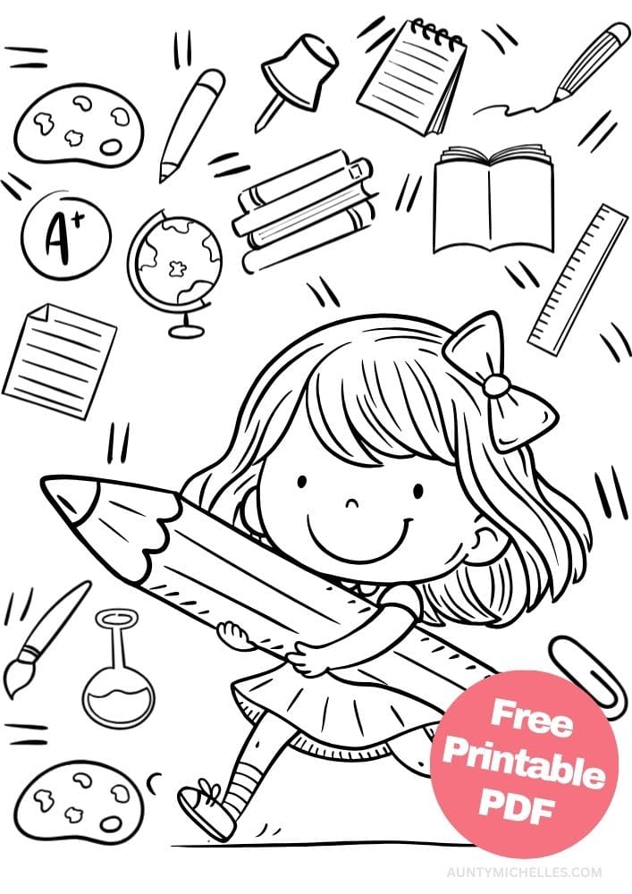 Back to School Coloring Page for Kids Education Studying kid pencil supplies