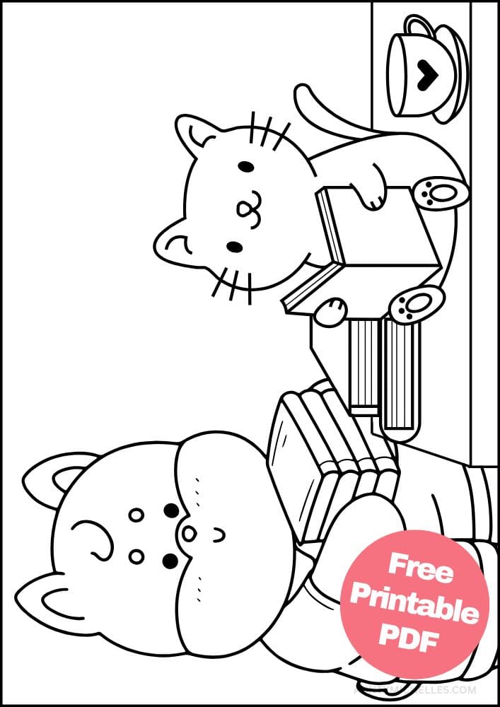 Coloring Page for Kids Education Studying reading cat bear library