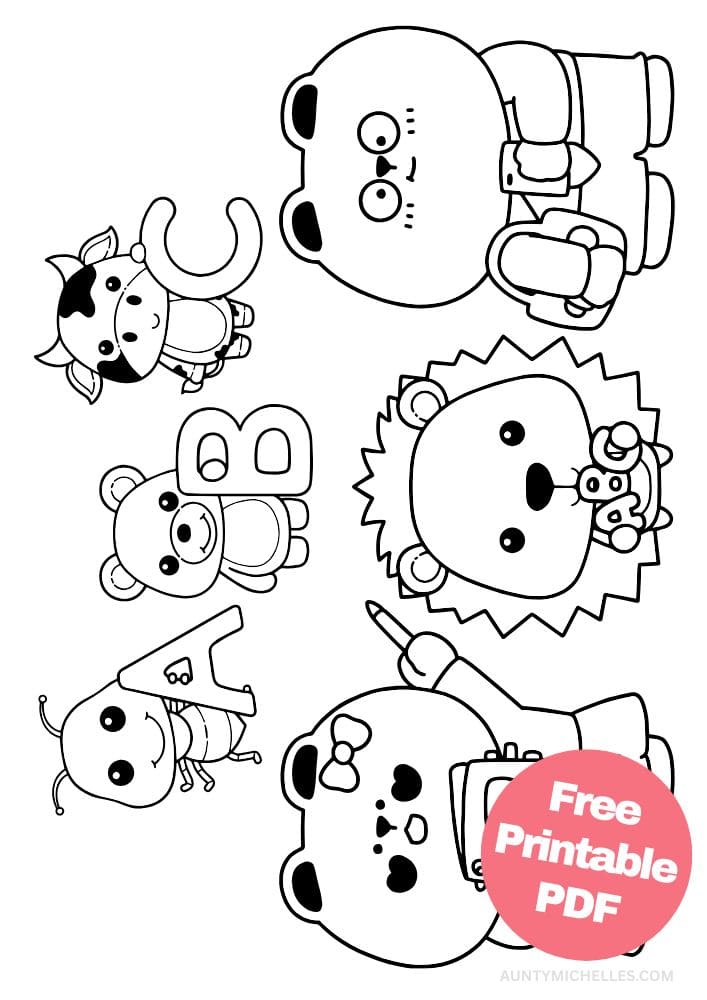 Coloring Page for Kids Education Studying student teacher abc cat lion