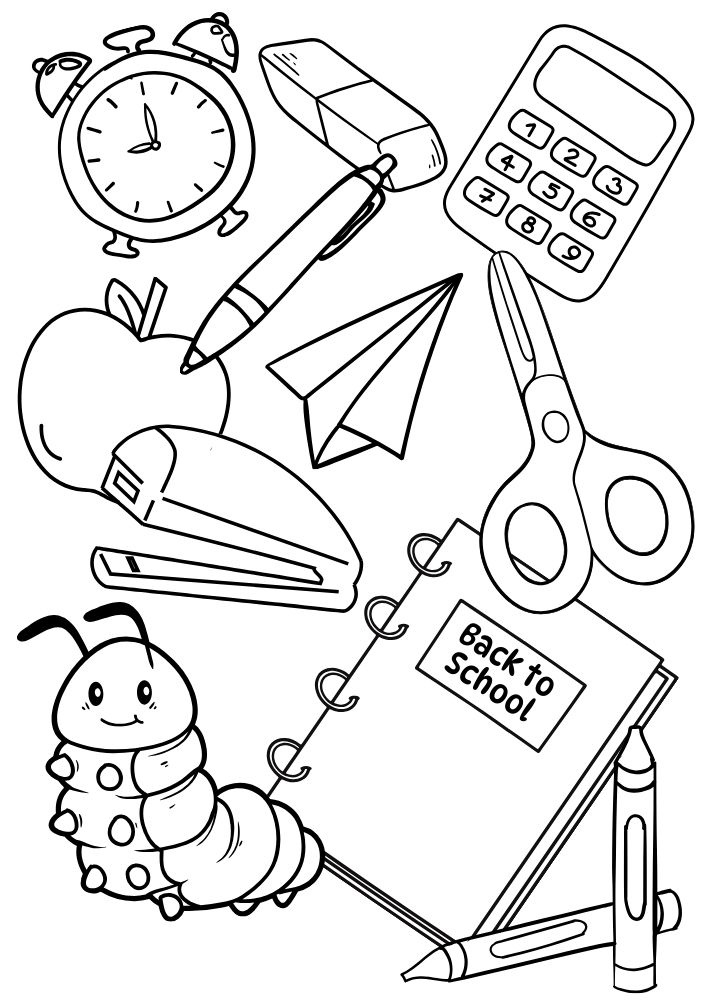 Free Printable Back to School Coloring Pages for Kids Education Studying supplies worm calculator