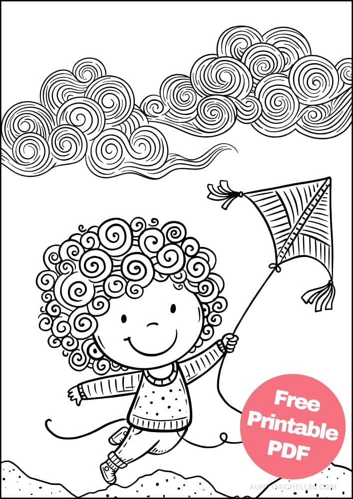 Kite Flying Coloring Page for Kids Seaside Shore Coast Ocean Summer 