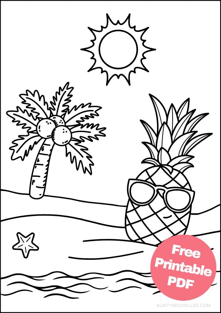Printable Beach Coloring Page for Kids Seaside Shore Coast Ocean Summer Pineapple Palm Tree