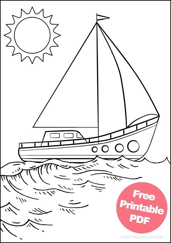 Sailboat Coloring Page for Kids Seaside Shore Coast Ocean Summer Wave
