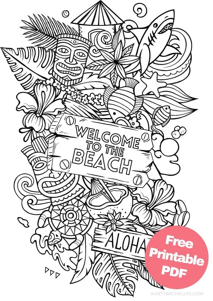 Printable Beach Coloring Page for Kids Seaside Shore Coast Ocean Summer hawaii aloha tiki