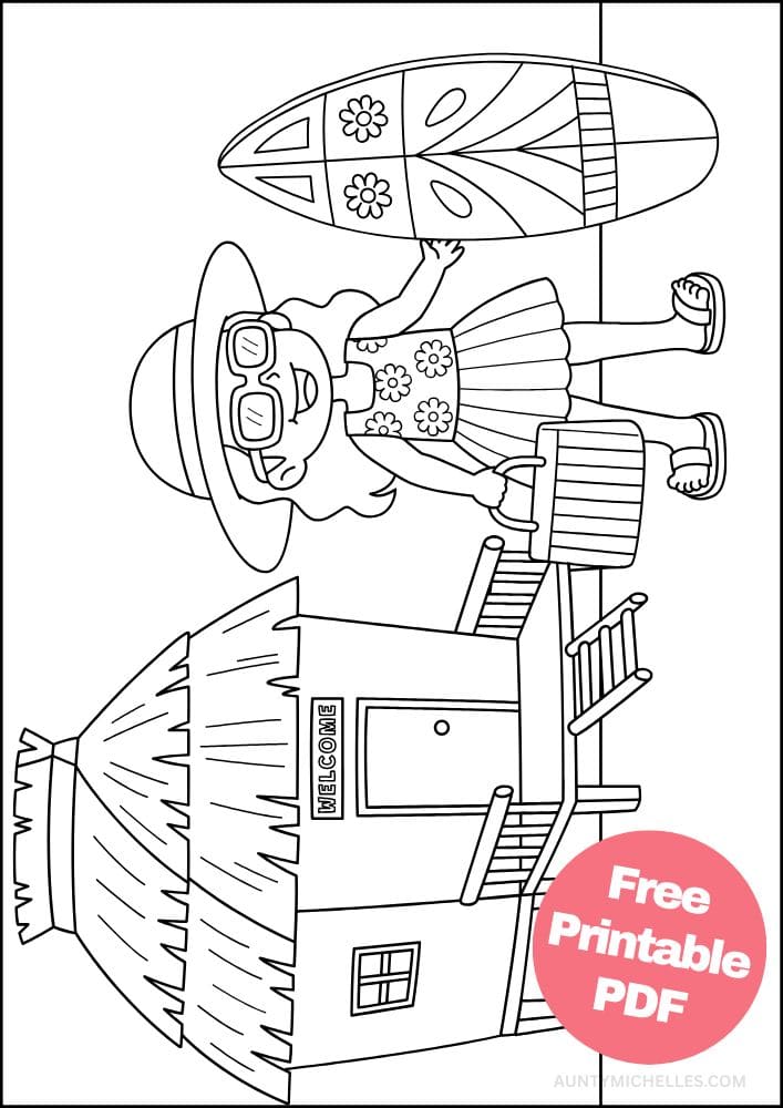 Beach Coloring Page Seaside Shore Coast Ocean Summer hut surfboard girl
