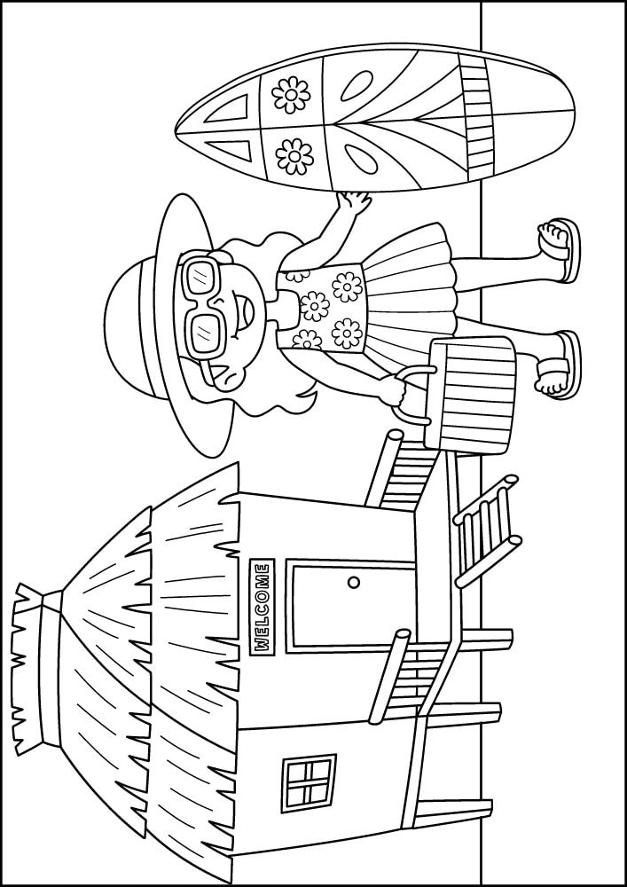 Free Printable Beach Coloring Pages for Kids Seaside Shore Coast Ocean Summer hut surfboard girl