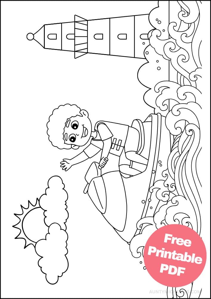 Beach Coloring Page for Kids Seaside Shore Coast Ocean Summer jetski lighthouse