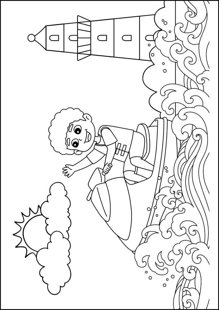 Free Printable Beach Coloring Pages for Kids Seaside Shore Coast Ocean Summer jetski lighthouse