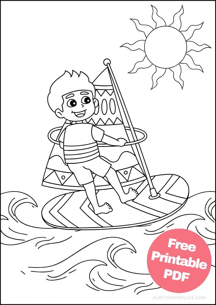 Printable Beach Coloring Page Seaside Shore Coast Ocean Summer wind surfing