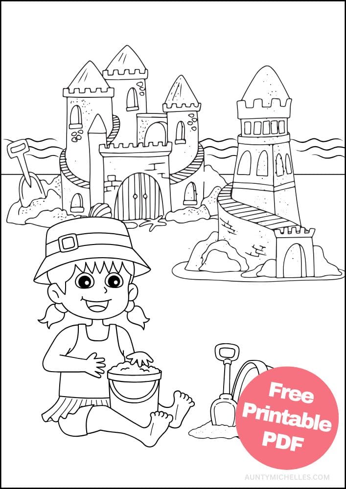 Beach Coloring Page for Kids Seaside Shore Coast Ocean Summer sand castle building