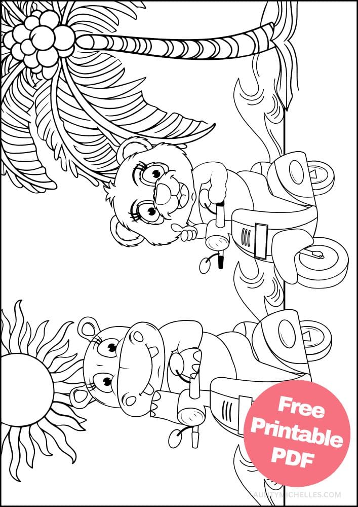 Printable Beach Coloring Page Seaside Shore Coast Ocean Summer scooter palm tree hippo lion