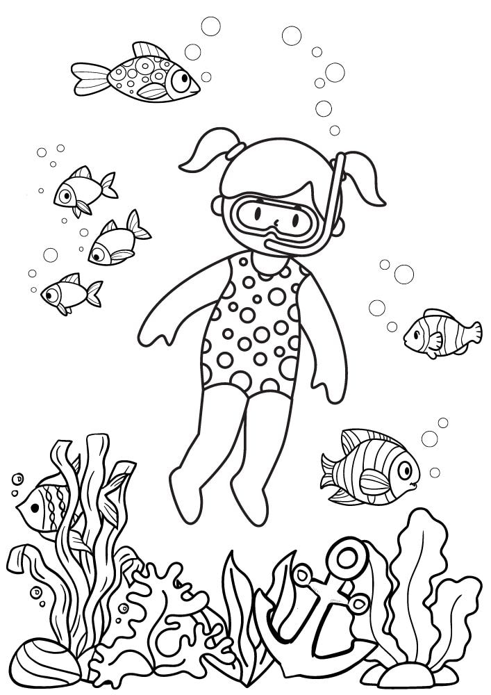 Free Printable Beach Coloring Pages for Kids Seaside Shore Coast Ocean Summer scuba snorkeling fish