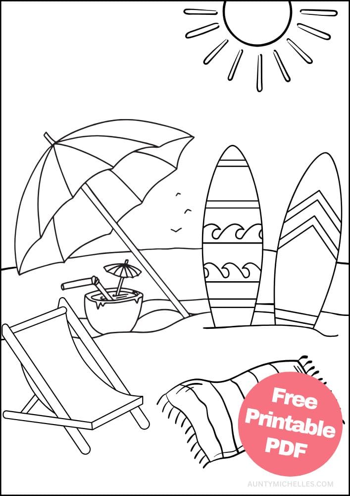 Beach Coloring Page for Kids Seaside Shore Coast Ocean Summer surfboard towel chair umbrella
