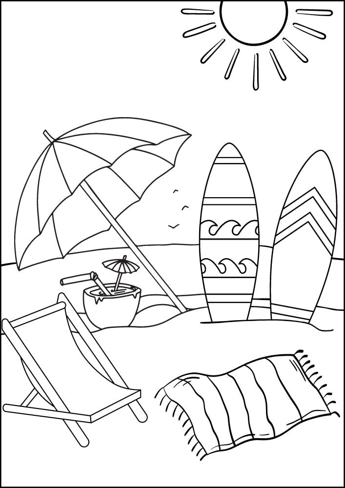 Free Printable Beach Coloring Pages for Kids Seaside Shore Coast Ocean Summer surfboard towel chair umbrella