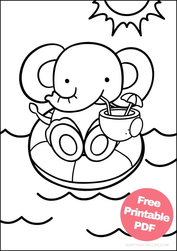 Easy Beach Coloring Pages for Kids Seaside Shore Coast Ocean Summer tube elephant coconut drink