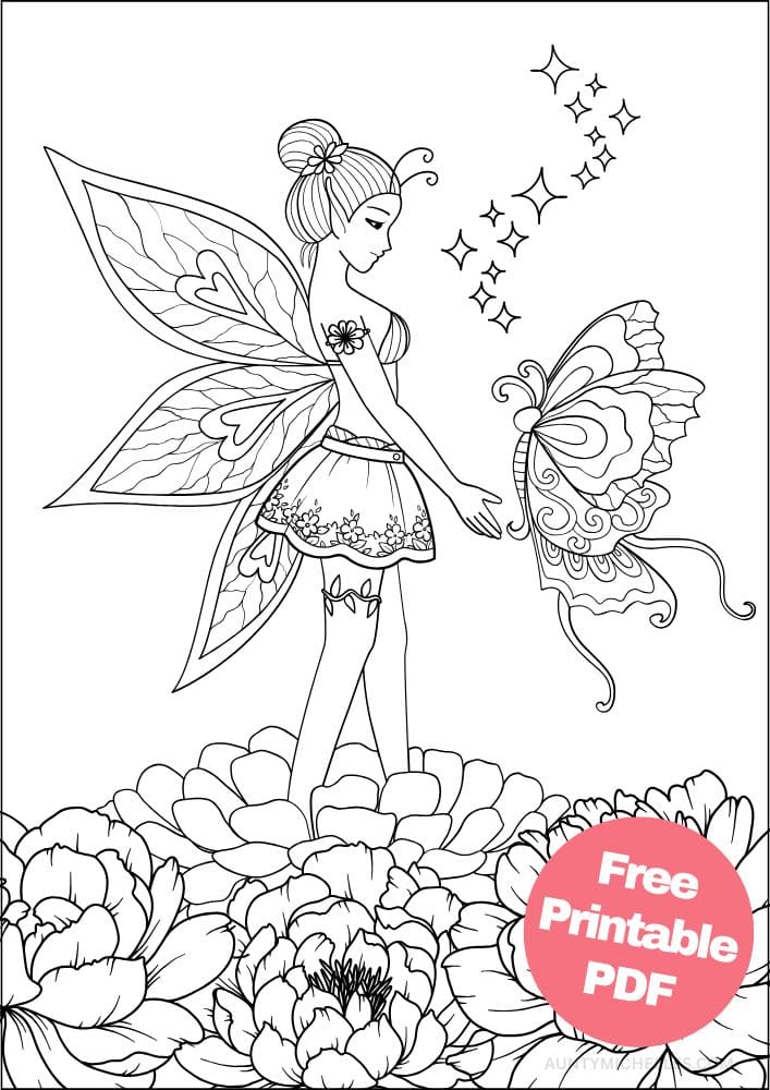 coloring page with a pixie playing with a butterfly