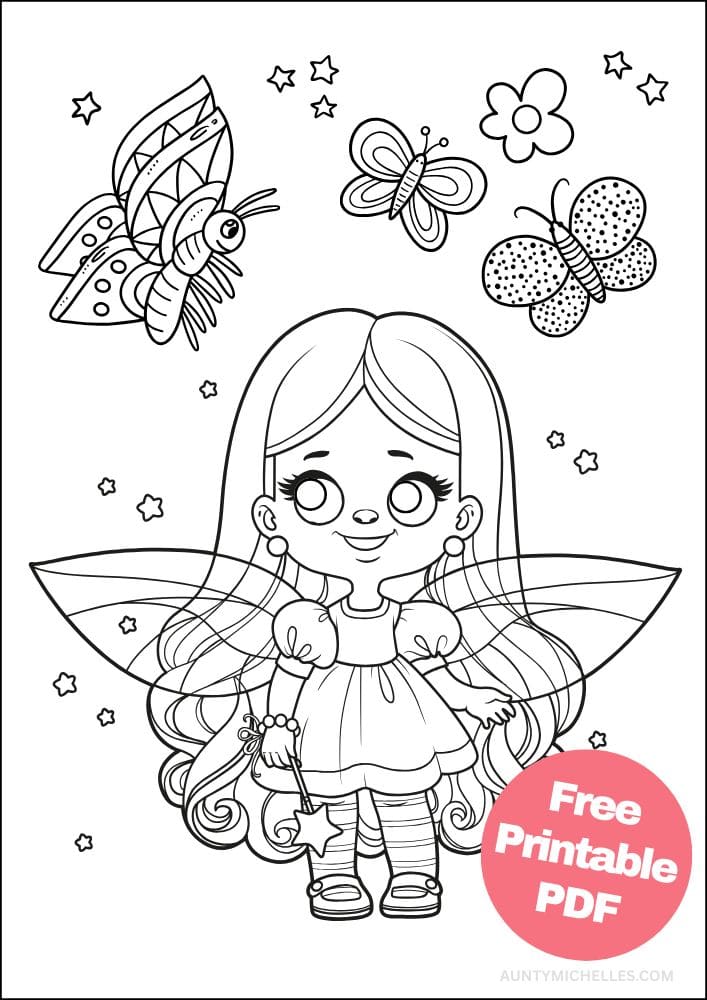 coloring page with a childlike cartoon fairy wearing and butterflies