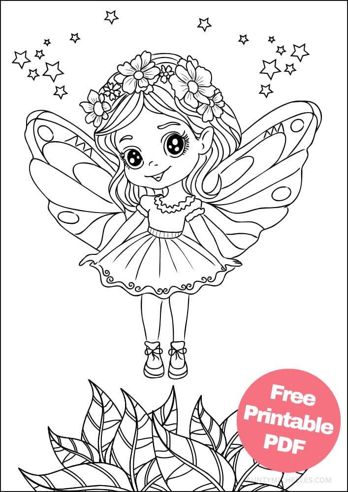 fairy coloring page with a cute childlike fairy wearing a flower crown and a pretty dress
