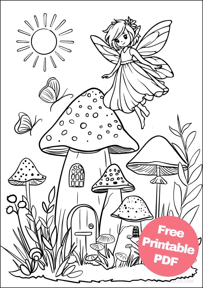 fairy themed coloring page with a fairy flying over her mushroom fairy house