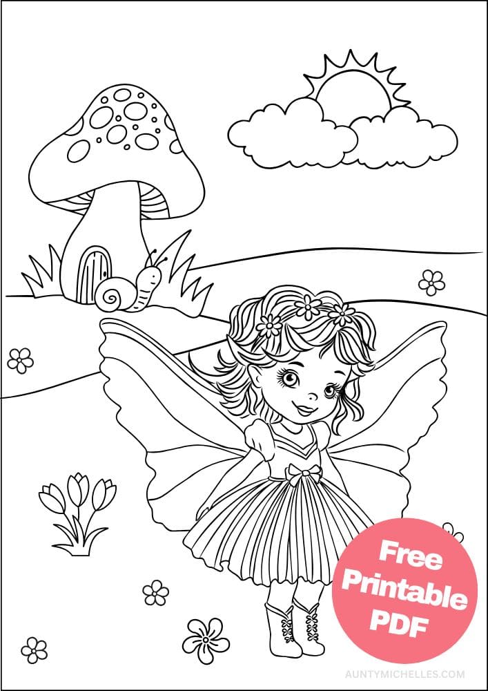 coloring page with a cute fairy wearing a dress with her mushroom fairy house sitting on a hill behind her