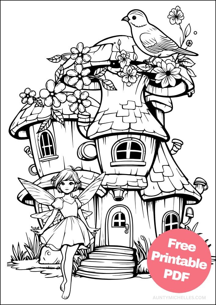 coloring page with a fairy standing in front of an elaborate fairy cottage