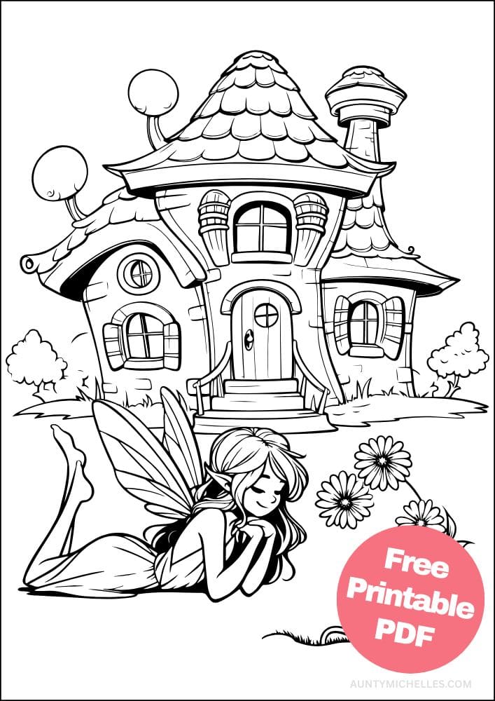 coloring page with a fairy laying in front of her fairy cottage