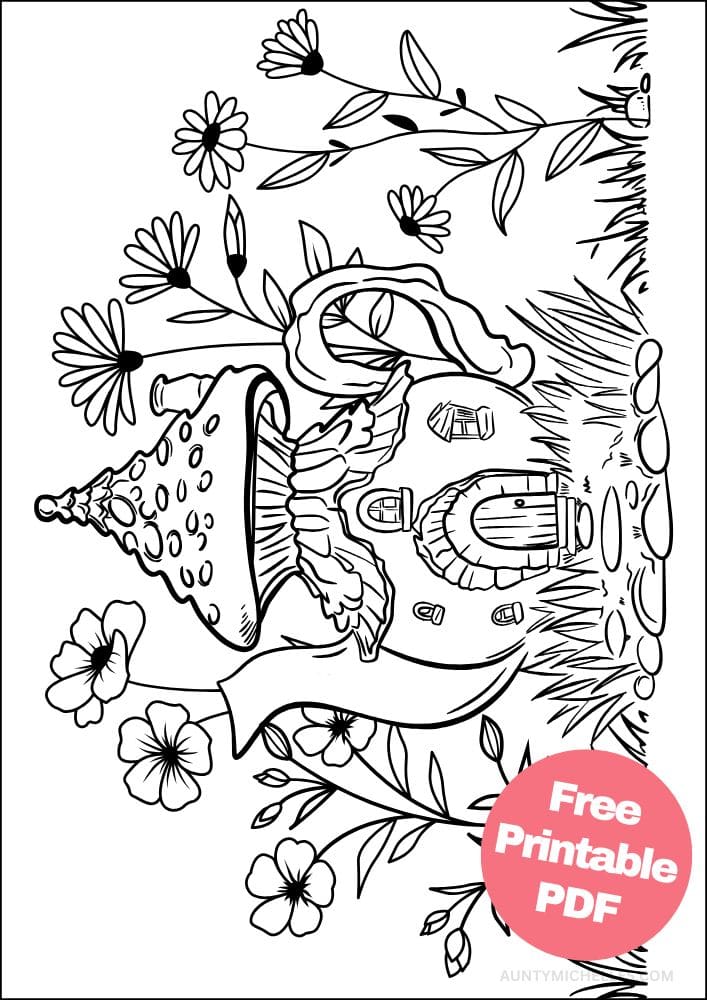 coloring page with a teapot fairy house sitting in a lush garden