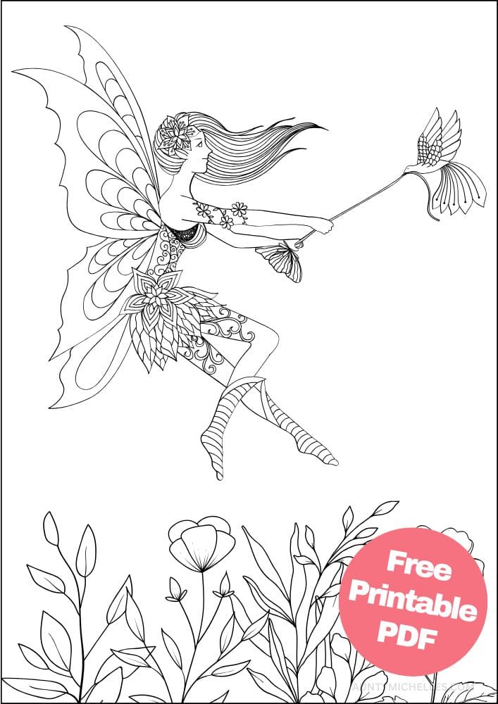 coloring page with a small dove trying to steal a pixies flower