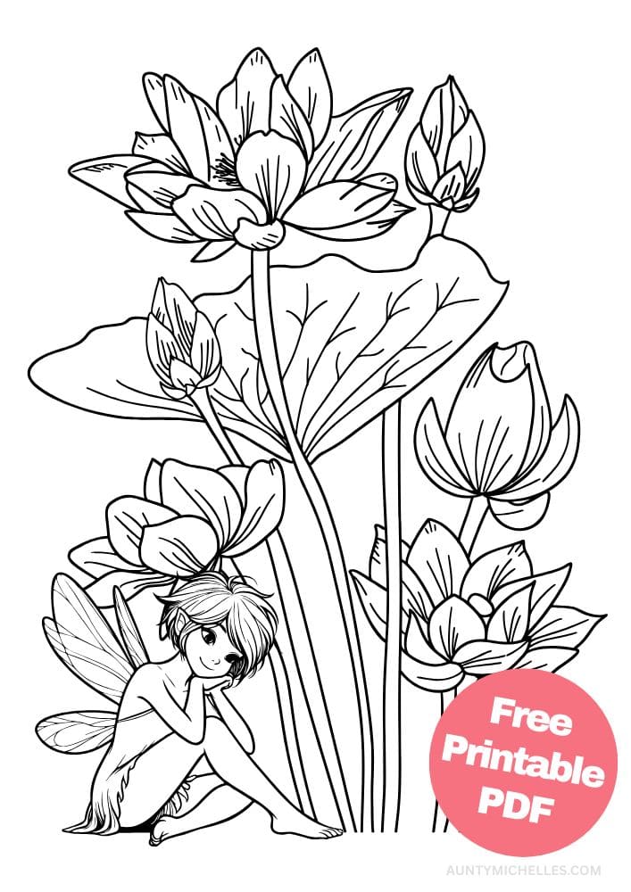 coloring page with a pixie sitting under a bunch of giant waterlily flowers