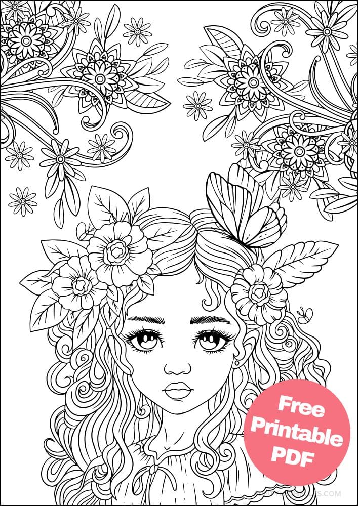 coloring page with a gorgeous fairy with magical long hair, flower headpieces and a butterfly sitting on top
